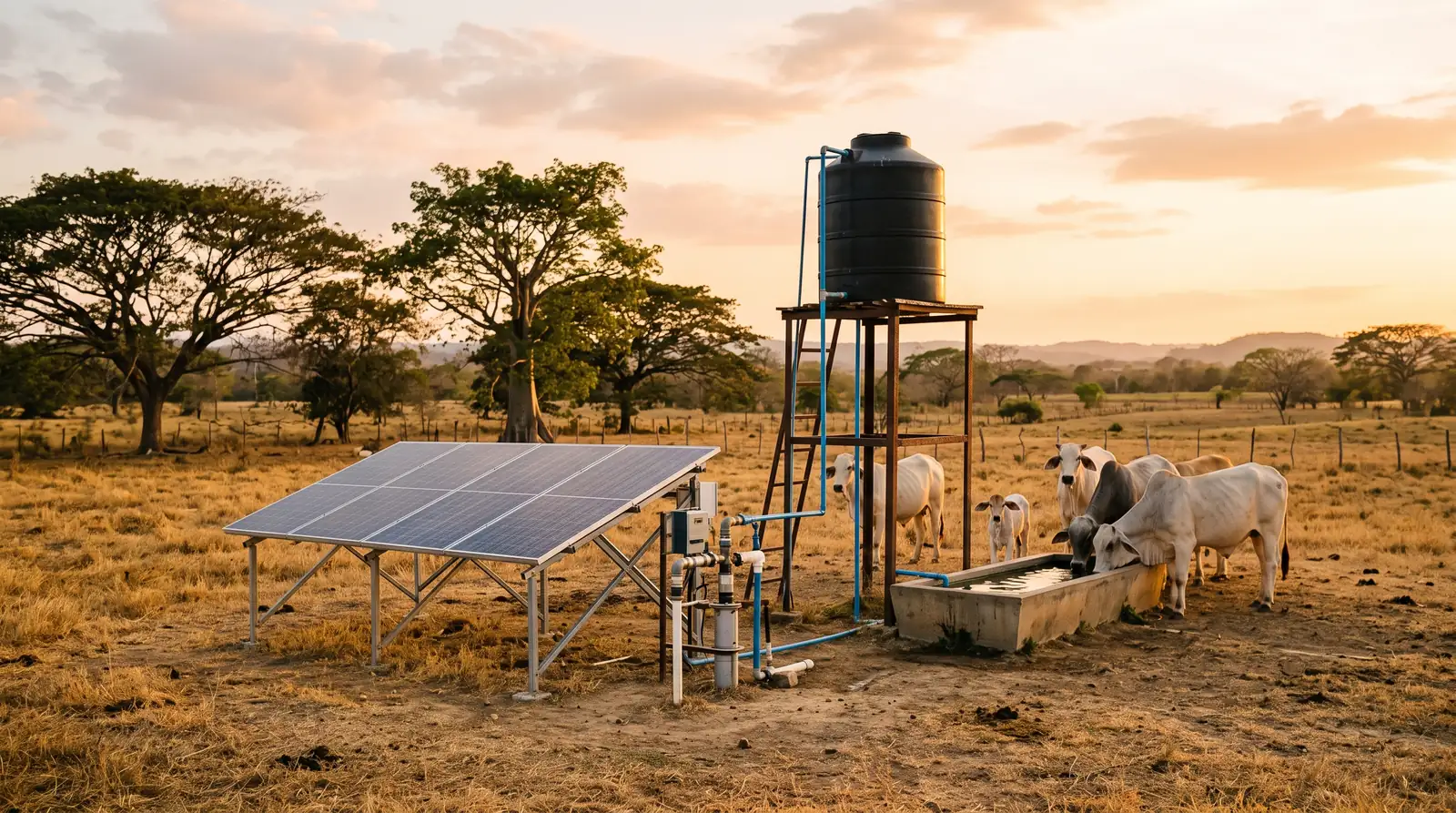 Arreglo solar alimentando una bomba sumergible de pozo en una finca ganadera