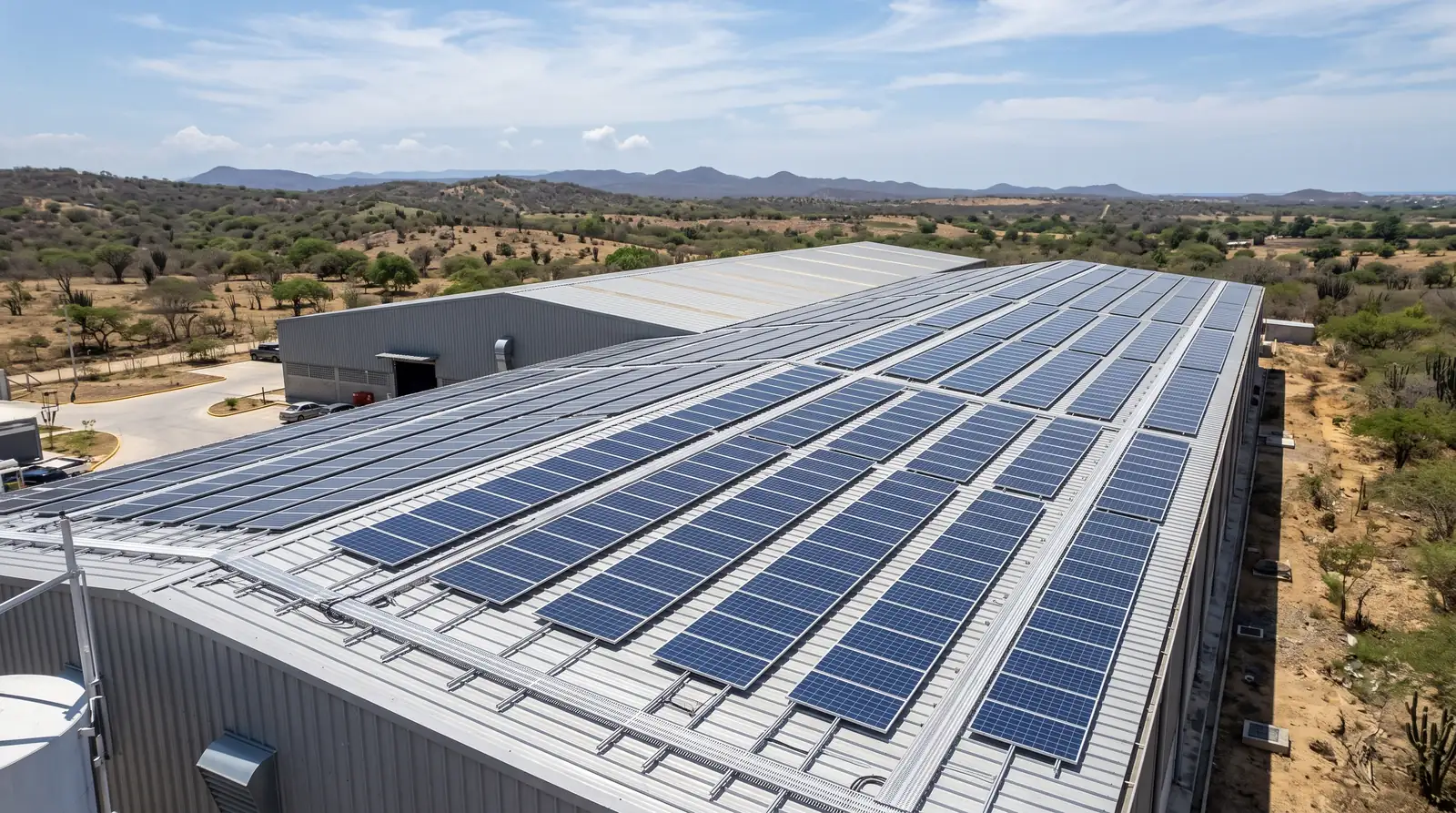 Arreglo de paneles solares fotovoltaicos sobre una cubierta metálica industrial