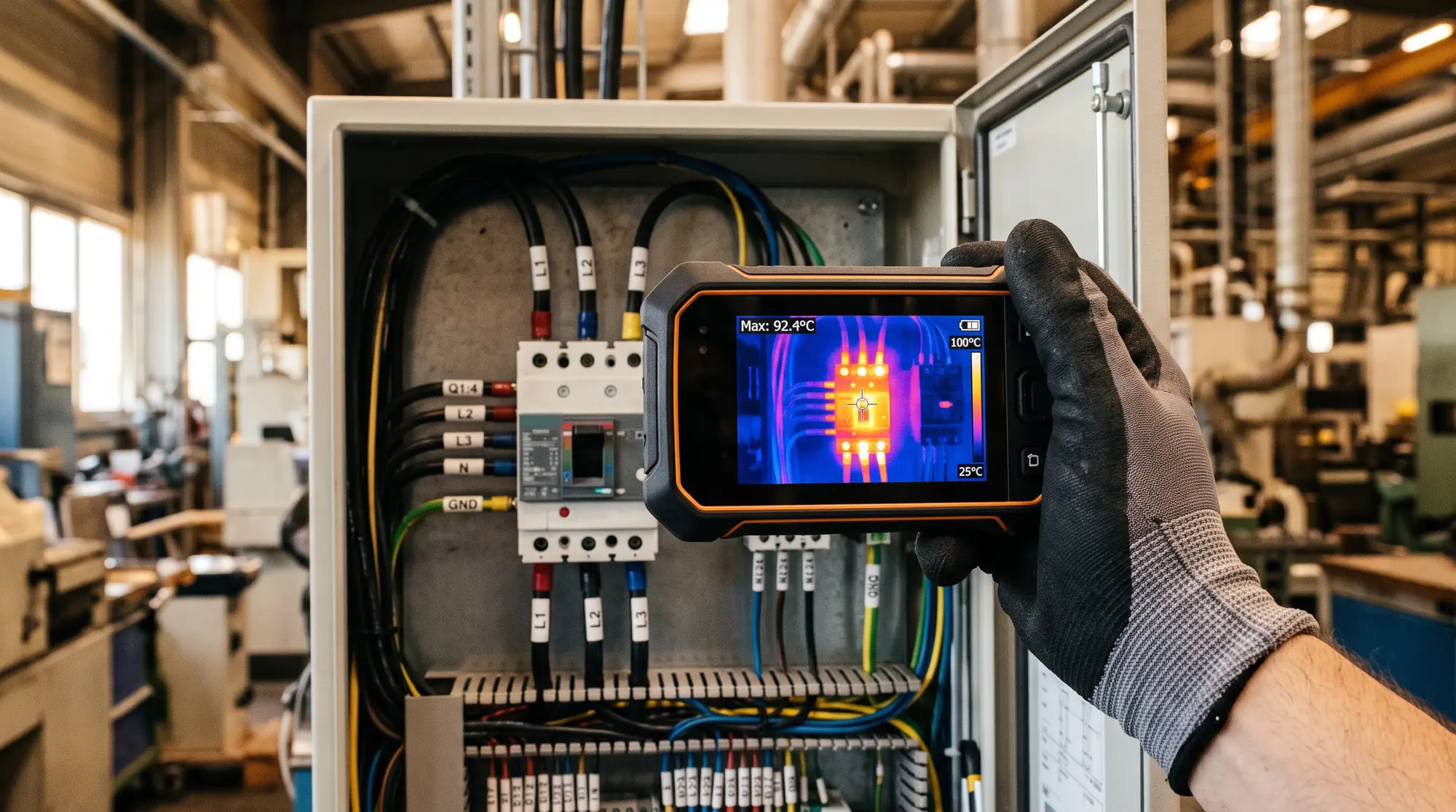 Imagen termográfica de un tablero eléctrico con puntos calientes visibles